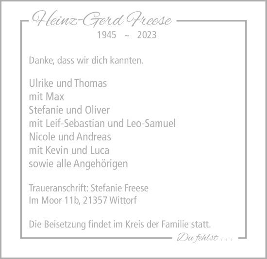 Traueranzeige von Heinz-Gerd Freese von Nordwest-Zeitung
