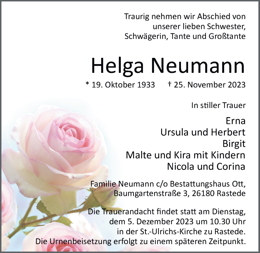 Traueranzeigen Von Helga Neumann Nordwest Trauer De