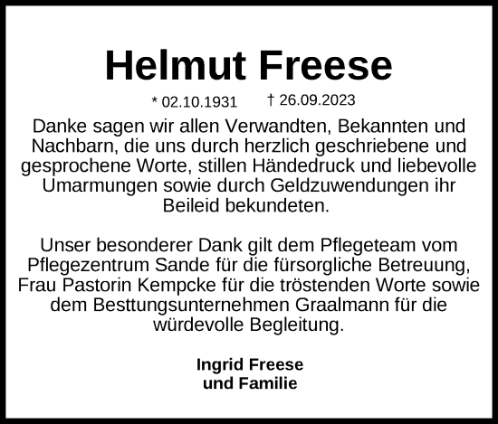 Traueranzeige von Helmut Freese von WZ/JW/AH