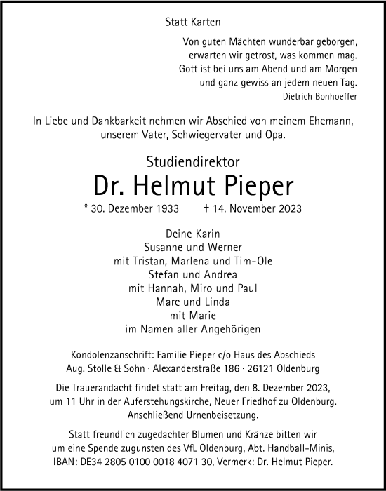 Traueranzeige von Helmut Pieper von Nordwest-Zeitung