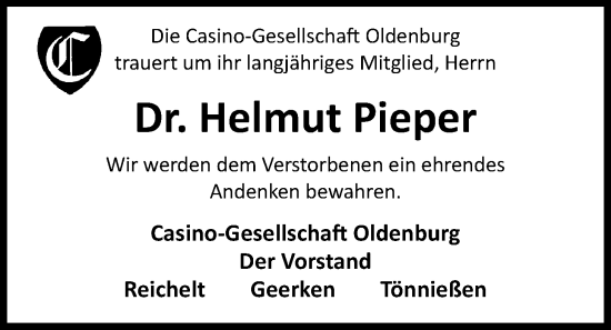 Traueranzeige von Helmut Pieper von Nordwest-Zeitung