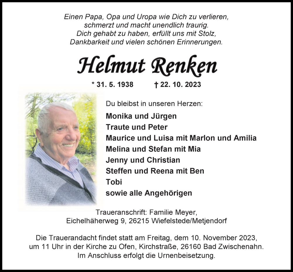  Traueranzeige für Helmut Renken vom 04.11.2023 aus Nordwest-Zeitung