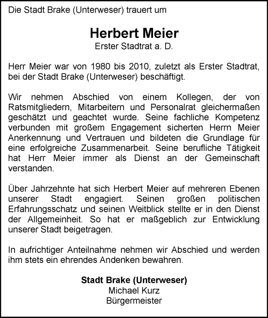 Traueranzeige von Herbert Meier von Nordwest-Zeitung