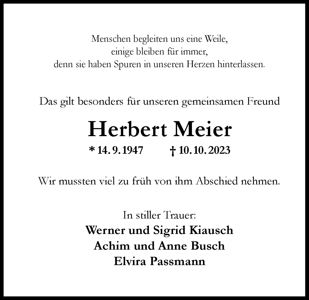  Traueranzeige für Herbert Meier vom 11.11.2023 aus Nordwest-Zeitung