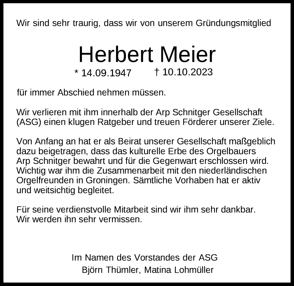  Traueranzeige für Herbert Meier vom 17.11.2023 aus Nordwest-Zeitung