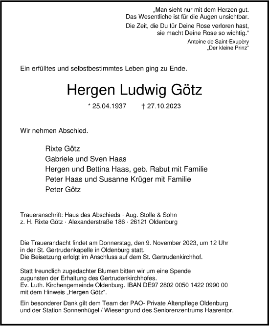Traueranzeige von Hergen Ludwig Götz von Nordwest-Zeitung