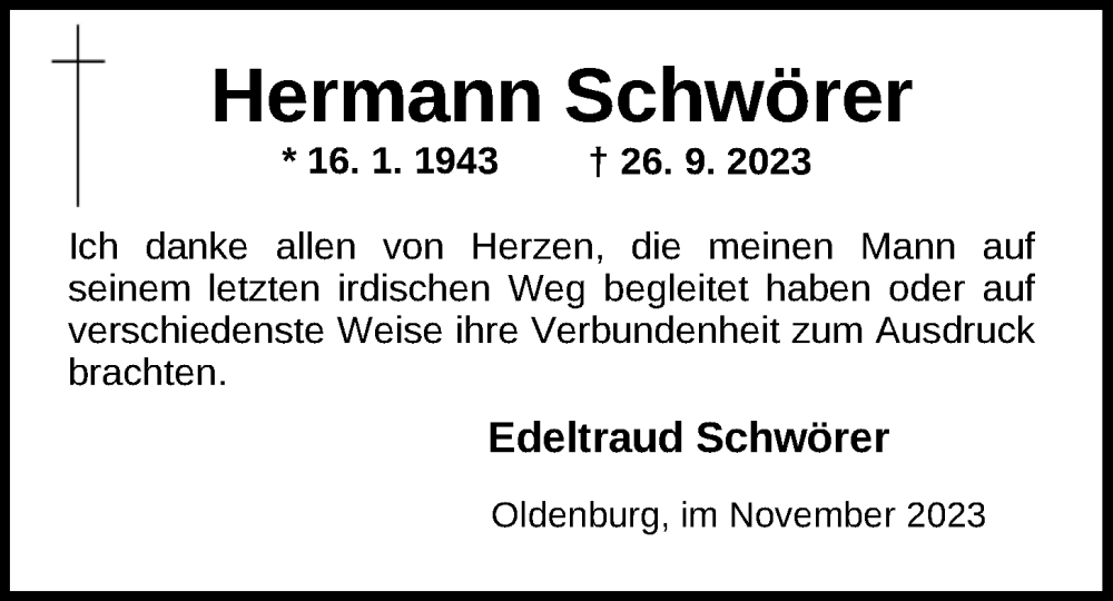  Traueranzeige für Hermann Schwörer vom 11.11.2023 aus Nordwest-Zeitung
