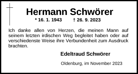Traueranzeige von Hermann Schwörer von Nordwest-Zeitung