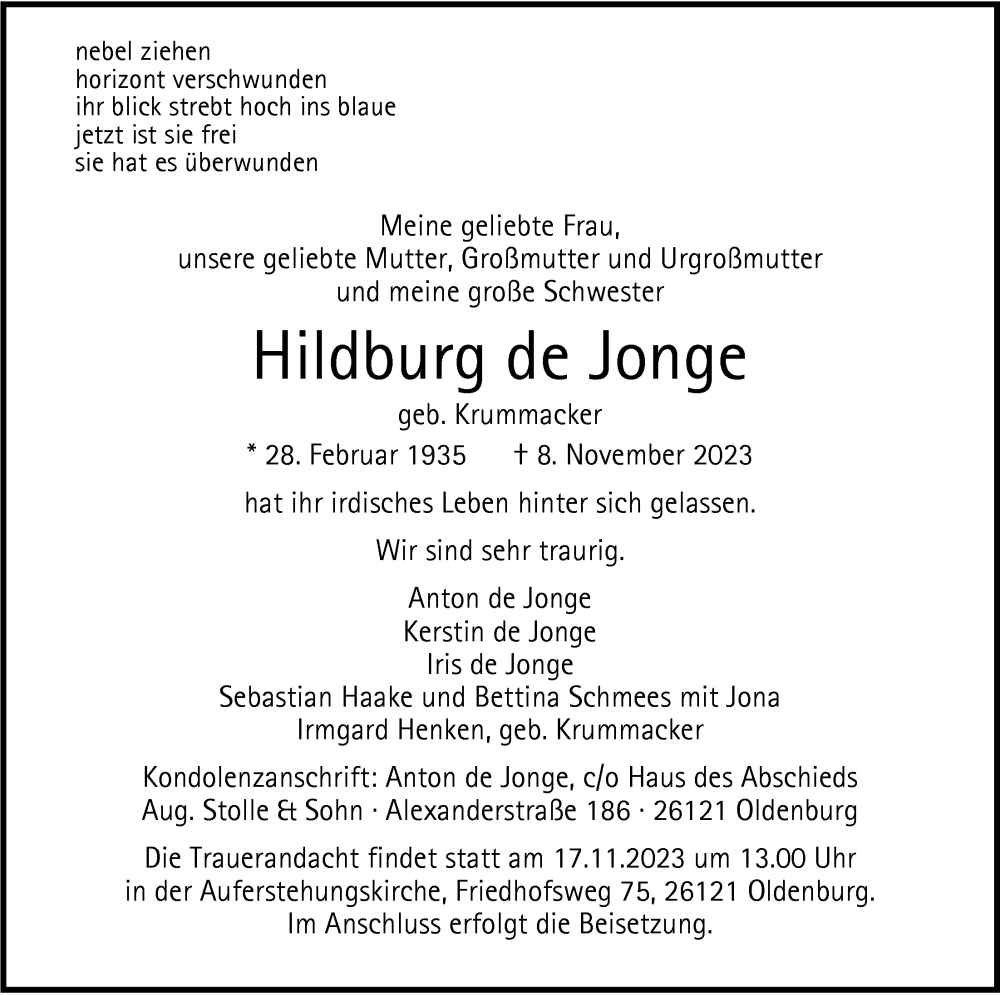  Traueranzeige für Hildburg de Jonge vom 11.11.2023 aus Nordwest-Zeitung