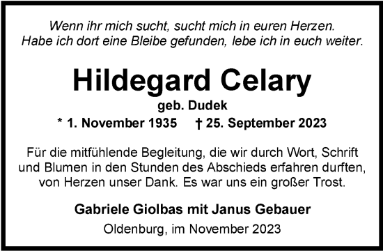 Traueranzeige von Hildegard Celary von Nordwest-Zeitung