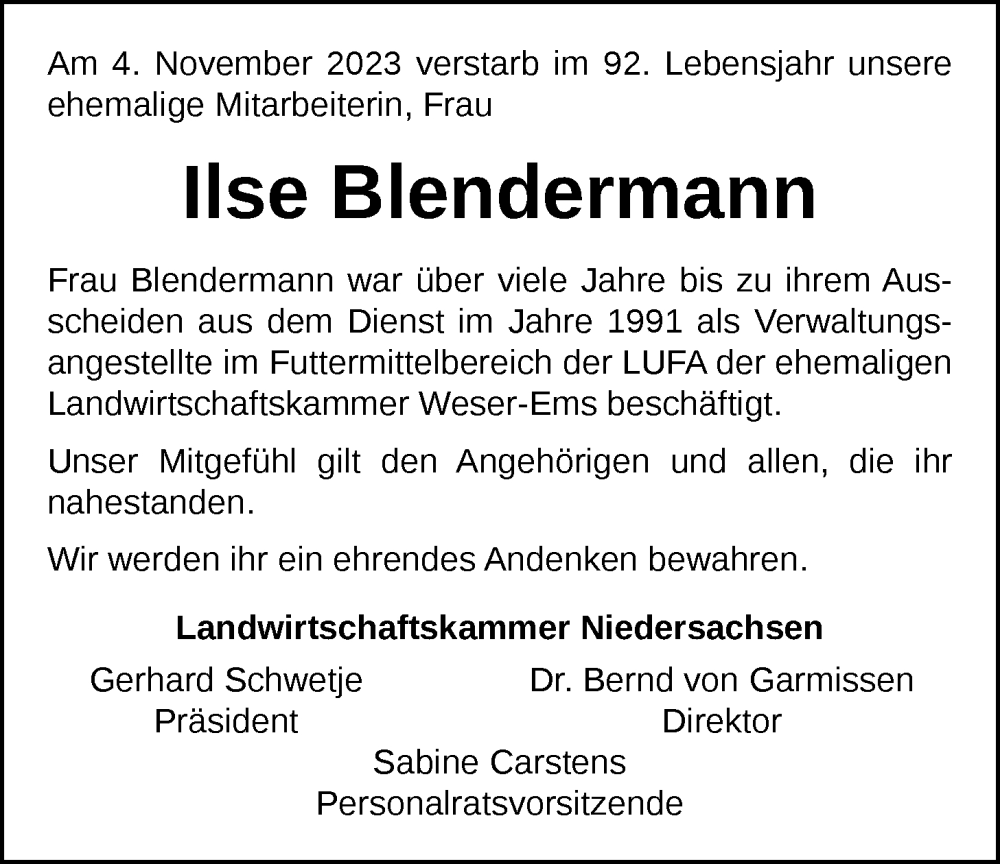  Traueranzeige für Ilse Blendermann vom 16.11.2023 aus Nordwest-Zeitung