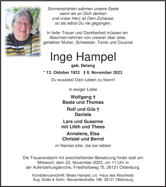Traueranzeige von Inge Hampel von Nordwest-Zeitung