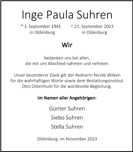 Traueranzeige von Inge Suhren von Nordwest-Zeitung