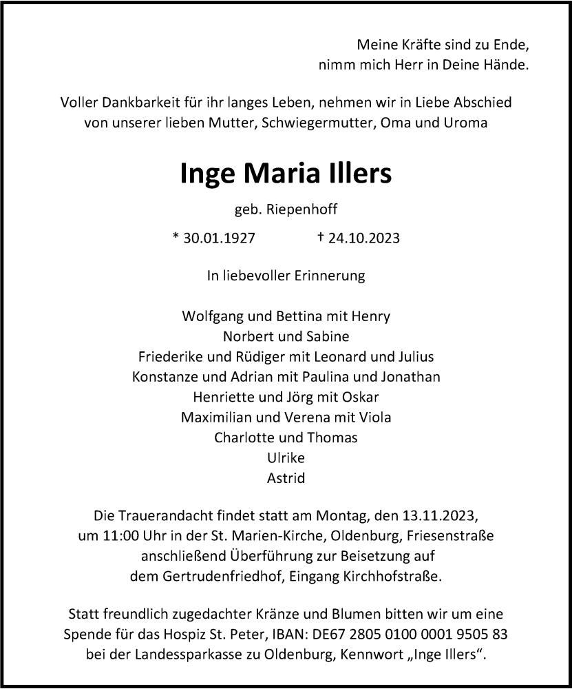  Traueranzeige für Inge Maria Illers vom 04.11.2023 aus Nordwest-Zeitung