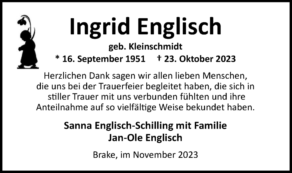  Traueranzeige für Ingrid Englisch vom 18.11.2023 aus Nordwest-Zeitung