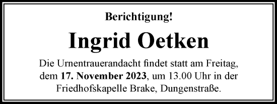 Traueranzeige von Ingrid Oetken von Nordwest-Zeitung