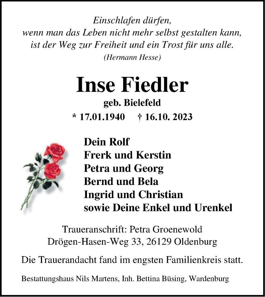  Traueranzeige für Inse Fiedler vom 18.11.2023 aus Nordwest-Zeitung