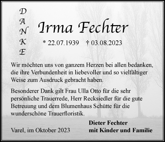 Traueranzeige von Irma Fechter von Nordwest-Zeitung