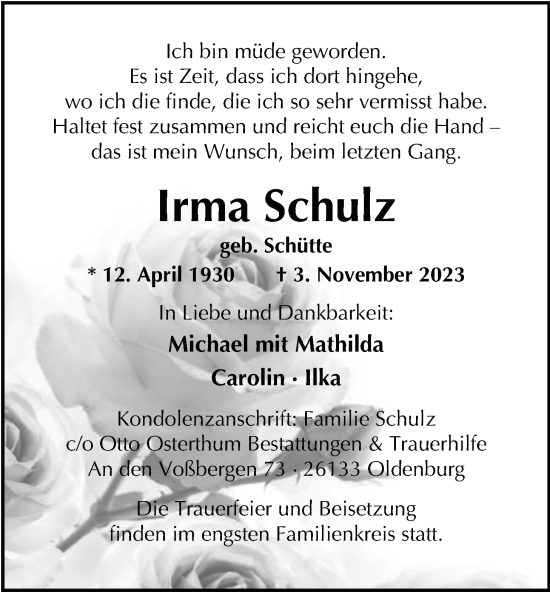 Traueranzeige von Irma Schulz von Nordwest-Zeitung
