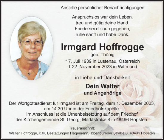 Traueranzeige von Irmgard Hoffrogge von WZ/JW/AH