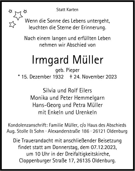 Traueranzeige von Irmgard Müller von Nordwest-Zeitung
