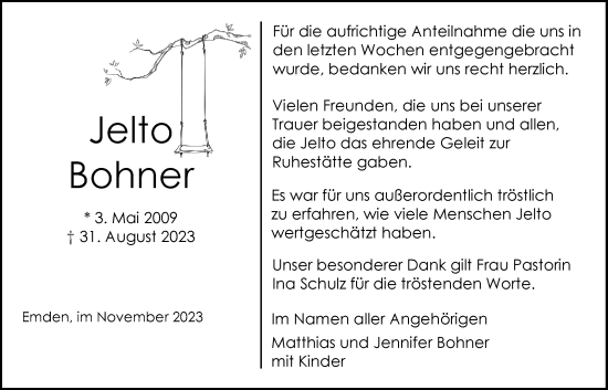 Traueranzeige von Jelto Bohner von Emder Zeitung