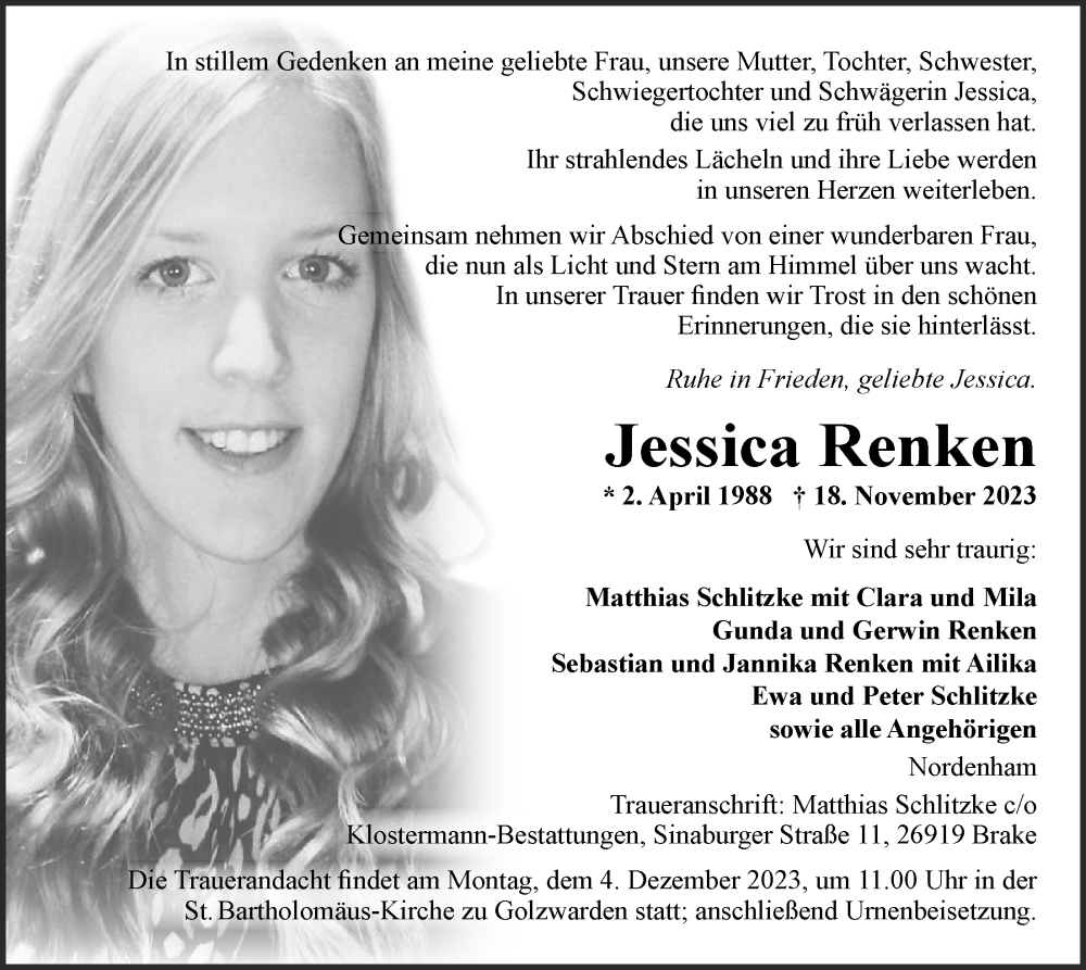  Traueranzeige für Jessica Renken vom 25.11.2023 aus Nordwest-Zeitung