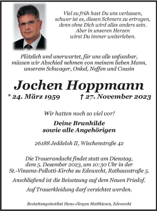 Traueranzeige von Jochen Hoppmann von Nordwest-Zeitung
