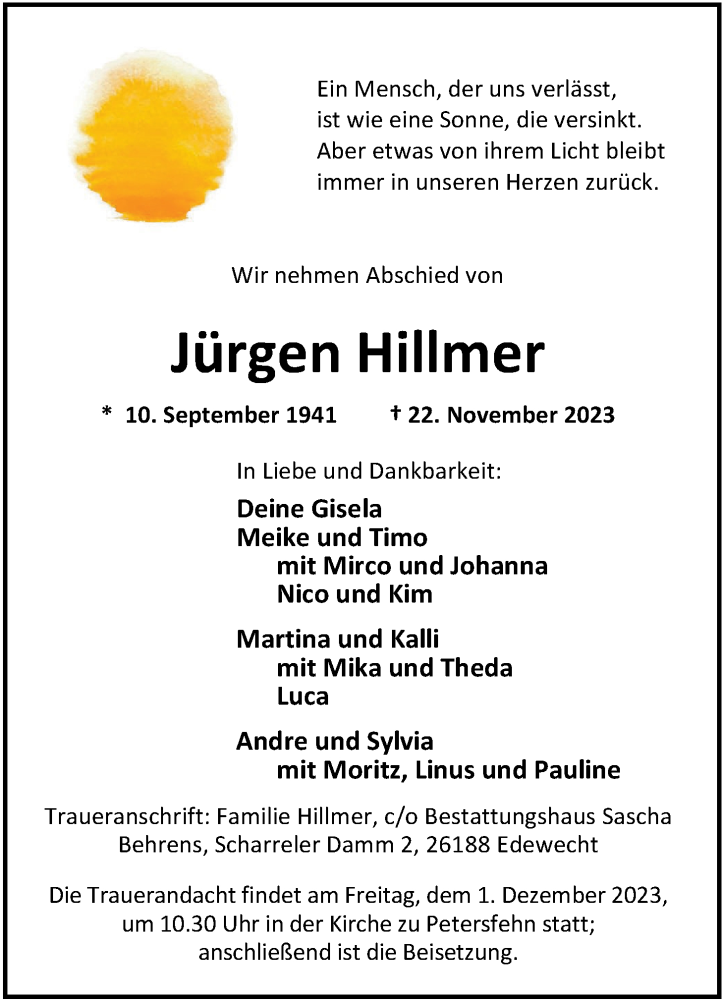 Traueranzeige für Jürgen Hillmer vom 28.11.2023 aus Nordwest-Zeitung