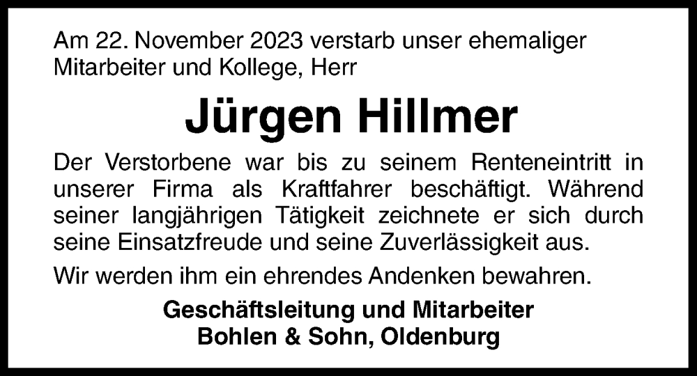  Traueranzeige für Jürgen Hillmer vom 30.11.2023 aus Nordwest-Zeitung