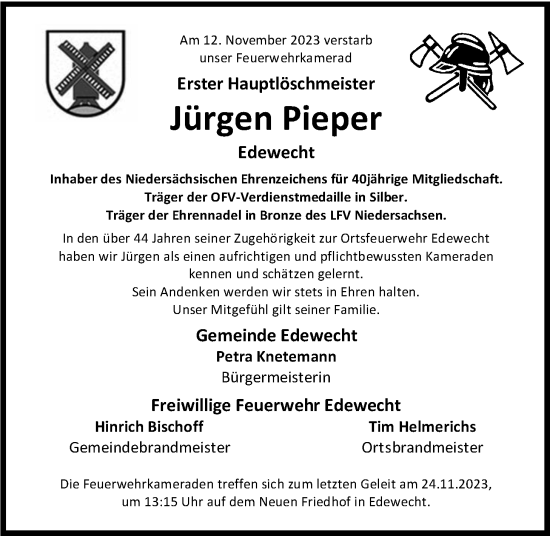 Traueranzeige von Jürgen Pieper von Nordwest-Zeitung