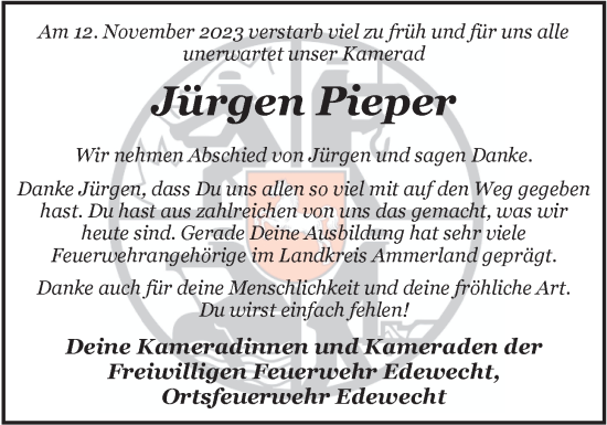 Traueranzeige von Jürgen Pieper von Nordwest-Zeitung