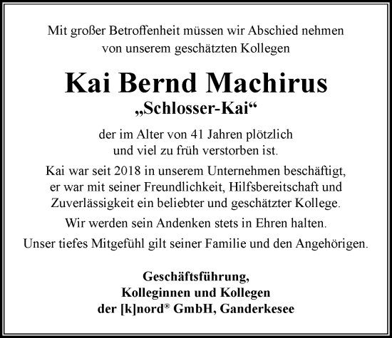 Traueranzeige von Kai Bernd Machirus von Nordwest-Zeitung