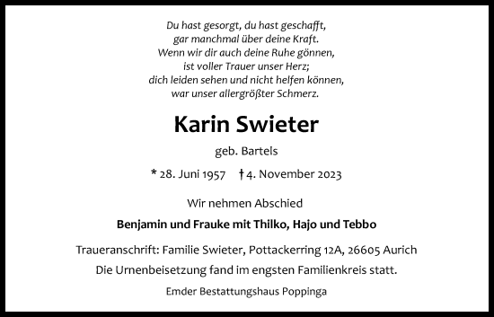 Traueranzeige von Karin Swieter von Emder Zeitung