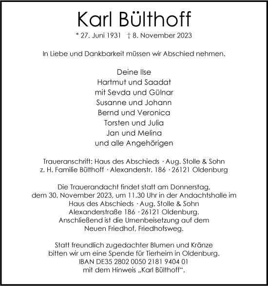 Traueranzeige von Karl Bülthoff von Nordwest-Zeitung