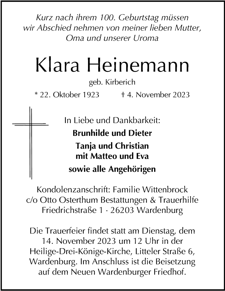  Traueranzeige für Klara Heinemann vom 11.11.2023 aus Nordwest-Zeitung