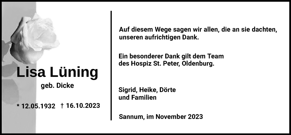  Traueranzeige für Lisa Lüning vom 25.11.2023 aus Nordwest-Zeitung
