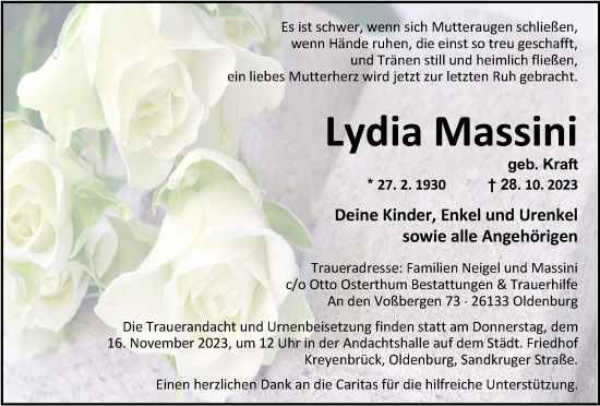 Traueranzeige von Lydia Massini von Nordwest-Zeitung