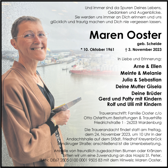 Traueranzeige von Maren Ooster von Nordwest-Zeitung
