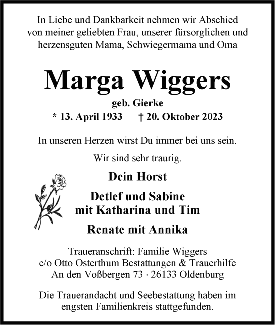 Traueranzeige von Marga Wiggers von Nordwest-Zeitung
