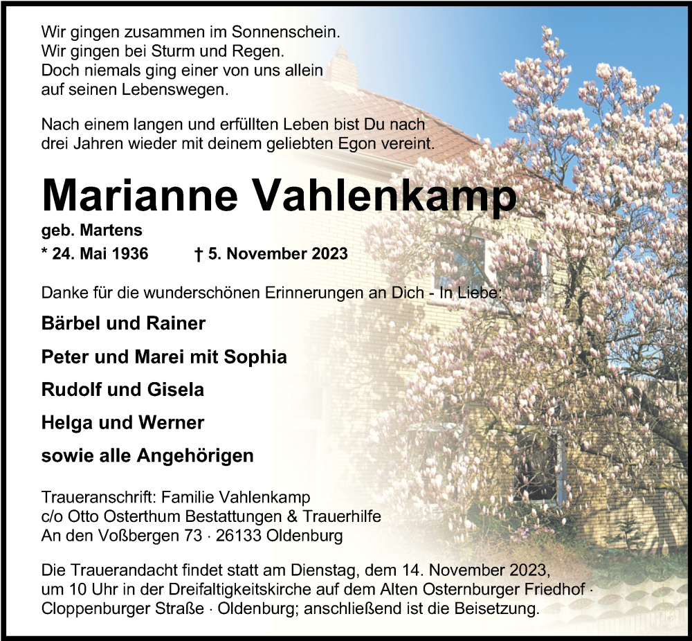  Traueranzeige für Maria Vahlenkamp vom 10.11.2023 aus Nordwest-Zeitung
