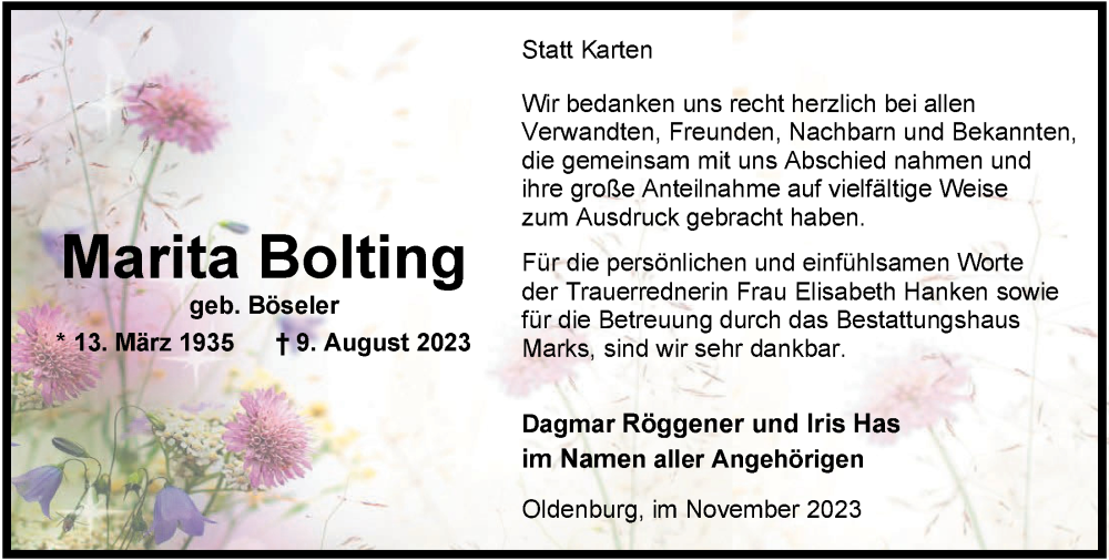  Traueranzeige für Marita Bolting vom 04.11.2023 aus Nordwest-Zeitung