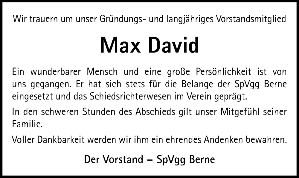  Traueranzeige für Max David vom 25.11.2023 aus Nordwest-Zeitung