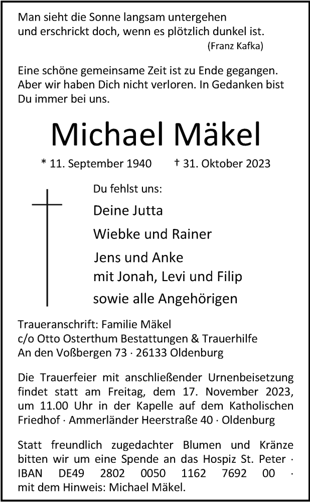  Traueranzeige für Michael Mäkel vom 11.11.2023 aus Nordwest-Zeitung