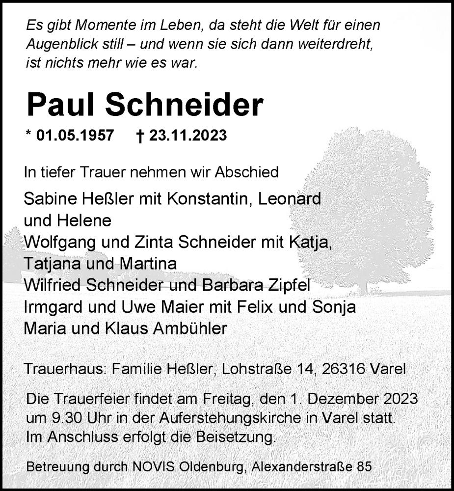  Traueranzeige für Paul Schneider vom 29.11.2023 aus Nordwest-Zeitung