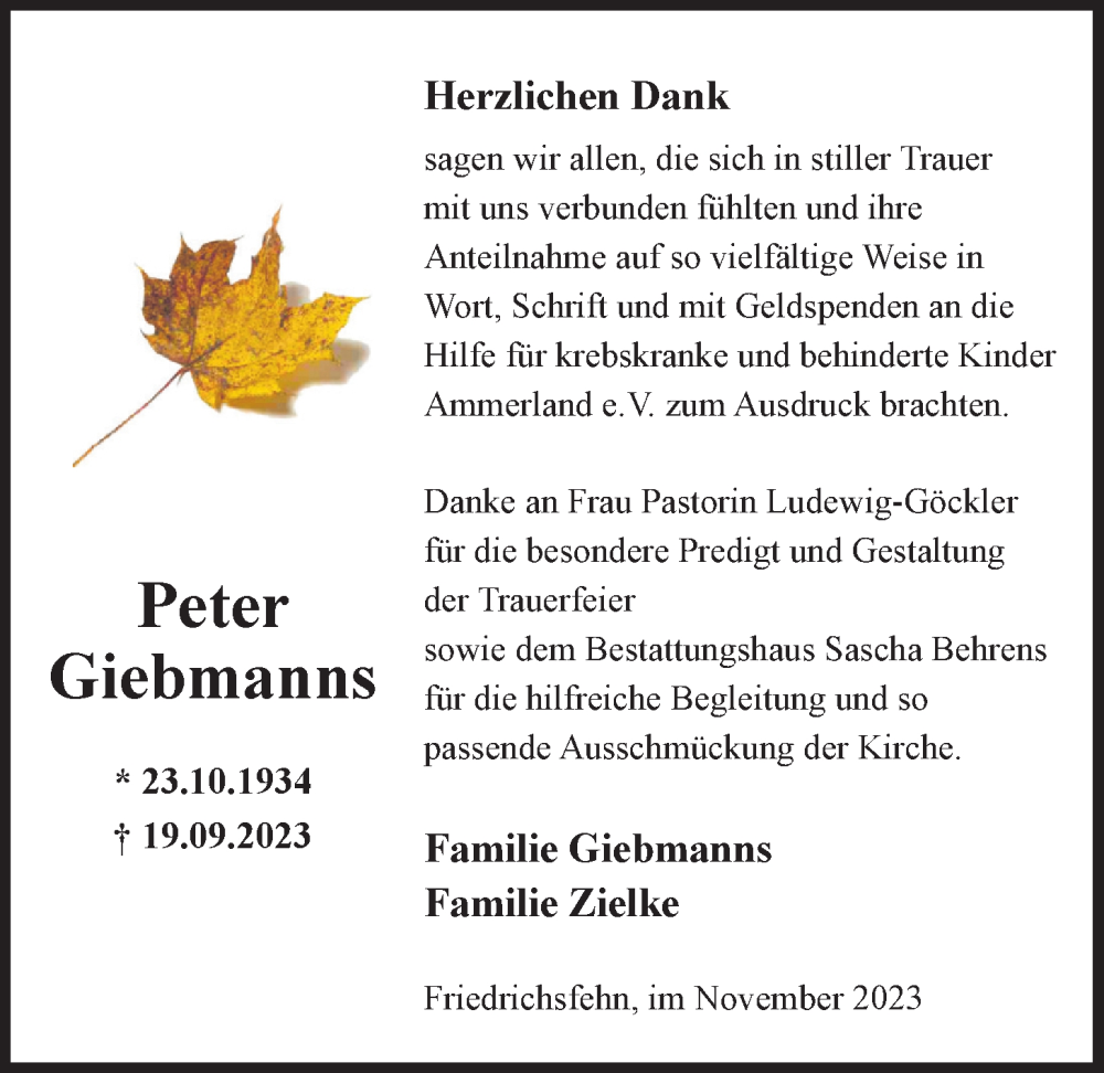  Traueranzeige für Peter Giebmanns vom 04.11.2023 aus Nordwest-Zeitung