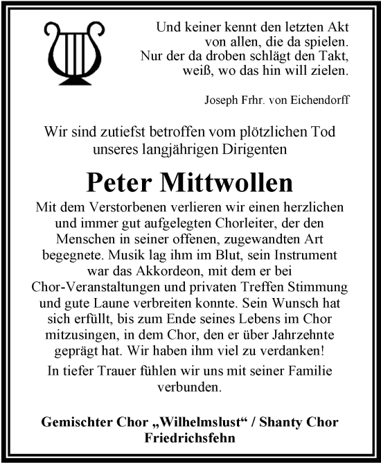 Traueranzeige von Peter Mittwollen von Nordwest-Zeitung