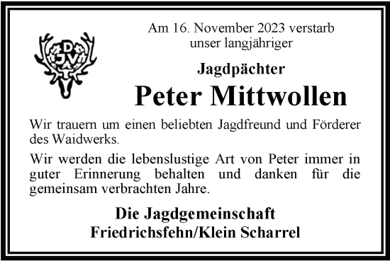 Traueranzeige von Peter Mittwollen von Nordwest-Zeitung