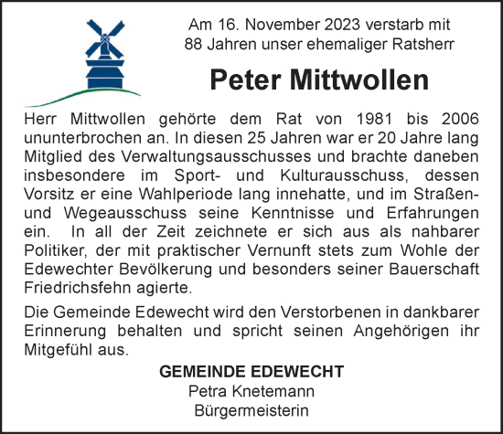 Traueranzeige von Peter Mittwollen von Nordwest-Zeitung