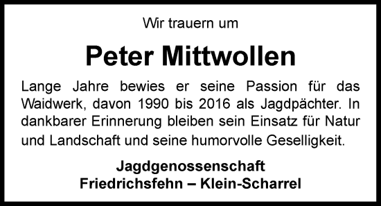 Traueranzeige von Peter Mittwollen von Nordwest-Zeitung